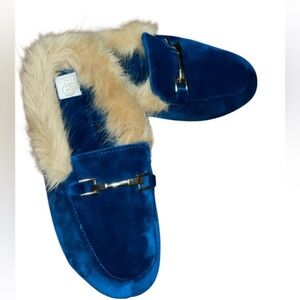 CHINESE LAUNDRY LOS ANGELES SLIPPERS FAUX FUR TRIMMED  BLUE COLOR SIZE 7/8 (M) *